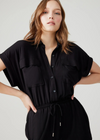 Steve Madden Alya Jumpsuit. Introducing the ALYA jumpsuit This modal jumpsuit features a button front and elastic waist for a comfortable fit. It's tapered ankle length and short sleeves make it perfect for spring.
