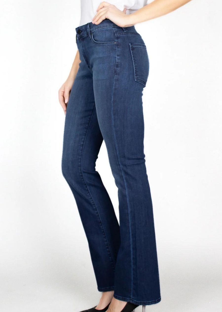 Fidelity Belladonna- Piper Blue. Belladonna is our new mid-rise bootcut. Inspired by the 90’s this midrise bootcut sits lower on the hip and hugs all of your curves. The Piper wash is a tonal blue wash, perfect for office or weekend wear that has a luxurious soft hand.  Made with Elite Italian Candiani denim that is BCI, RINA, and Confidence in Textiles certified. The finest responsibly sourced cotton, fibers, and dyes. 