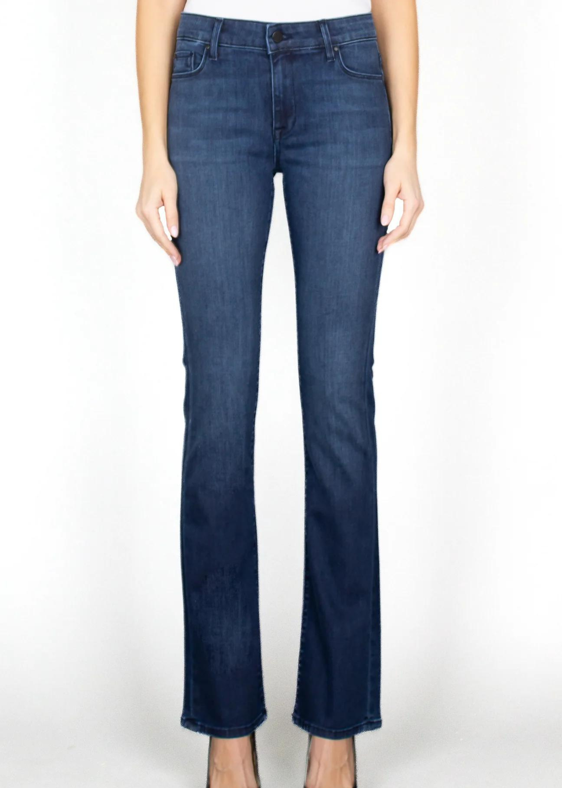 Fidelity Belladonna- Piper Blue. Belladonna is our new mid-rise bootcut. Inspired by the 90’s this midrise bootcut sits lower on the hip and hugs all of your curves. The Piper wash is a tonal blue wash, perfect for office or weekend wear that has a luxurious soft hand.  Made with Elite Italian Candiani denim that is BCI, RINA, and Confidence in Textiles certified. The finest responsibly sourced cotton, fibers, and dyes. 