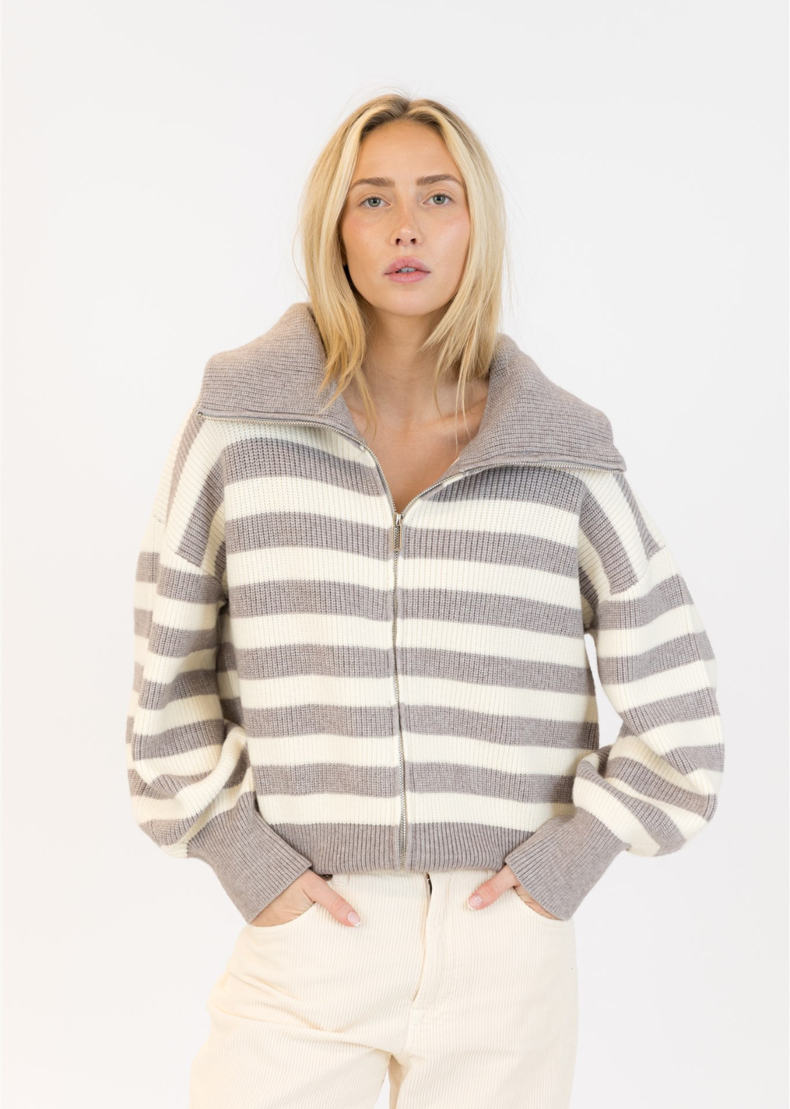 Lyla + Luxe James Zip Up Cardigan - Grey White Stripe