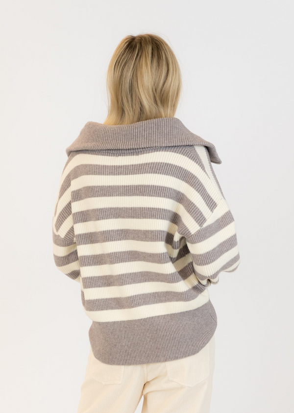 Lyla + Luxe James Zip Up Cardigan - Grey White Stripe - Denise