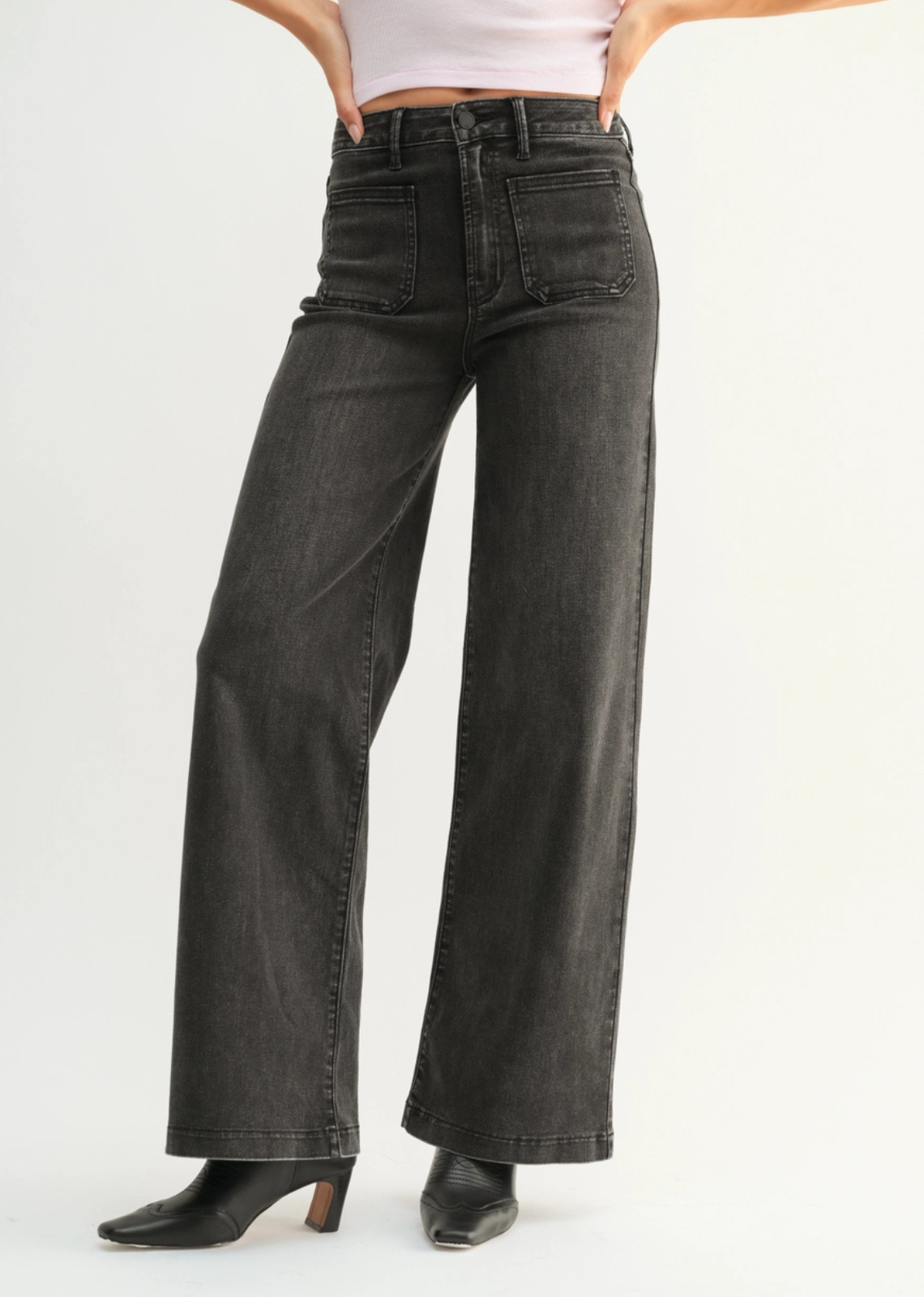 Mini Patch Pocket Wide Leg Jeans - Washed Black