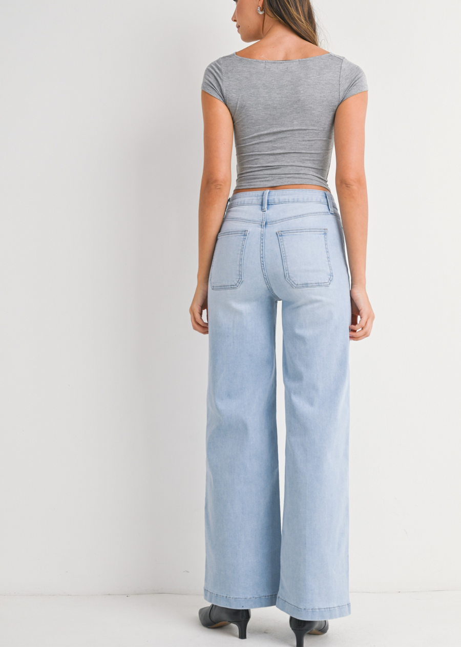 Mini Patch Pocket Wide Leg Jeans - Light Denim