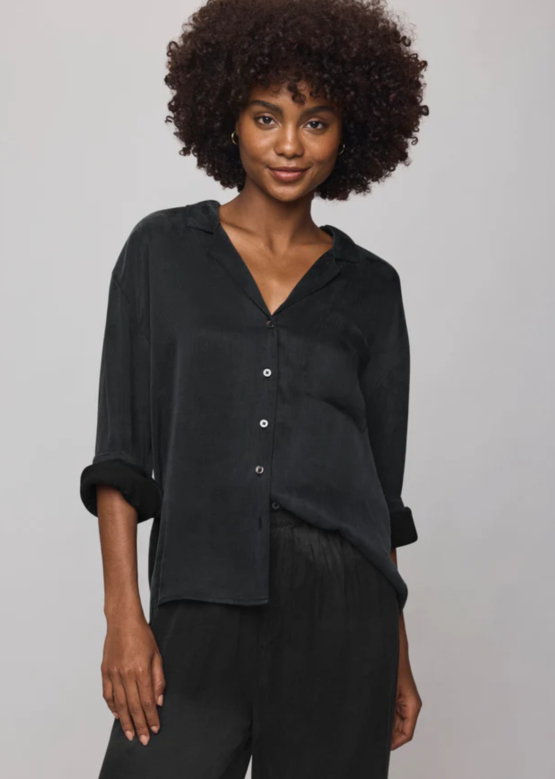 Splendid Serena Satin Button Down - Black