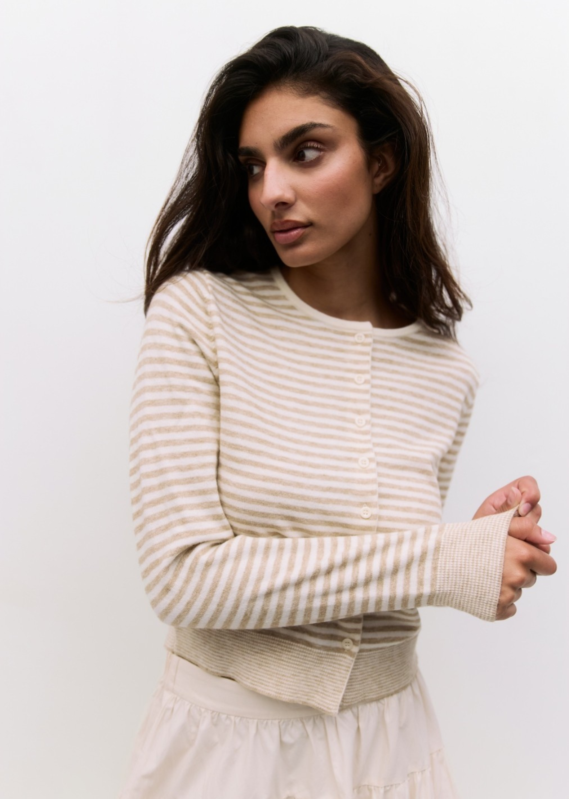 The Montana Cardigan - Taupe & White