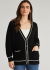 525 America Emma: Oversized Cardigan With Tipping.Your workwear wardrobe needs this cardigan. Tipping is the trim on garment that is a contrasting color to the rest of the garment. It looks great paired with T-shirts or sleeveless tops.