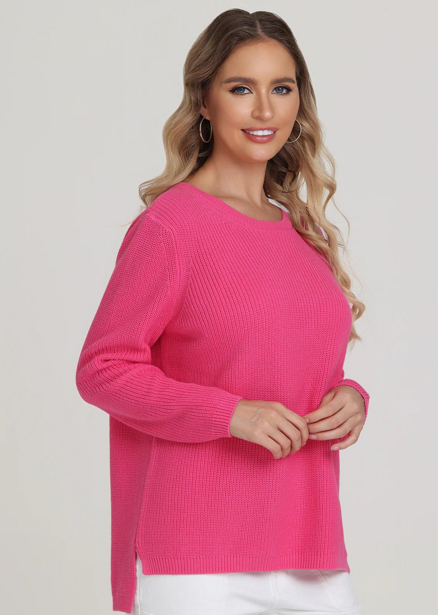 525 America Emma Crewneck Shaker Sweater- Shocking Pink.As timeless as her namesake, as seen worn on actress Emma Stone with endless styling possibilities, you’ll find yourself reaching for this versatile shaker stitch style all year long.