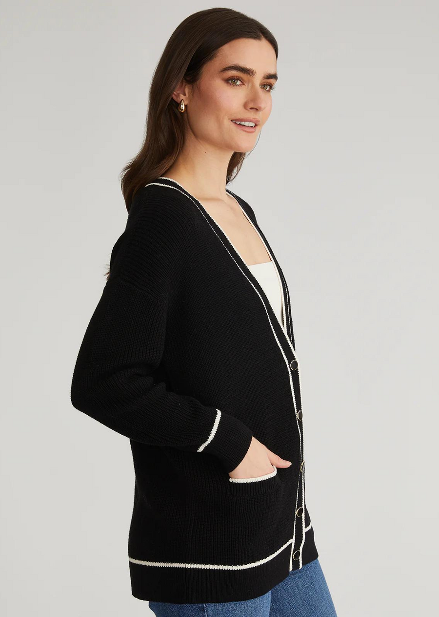 525 America Emma: Oversized Cardigan With Tipping.Your workwear wardrobe needs this cardigan. Tipping is the trim on garment that is a contrasting color to the rest of the garment. It looks great paired with T-shirts or sleeveless tops.