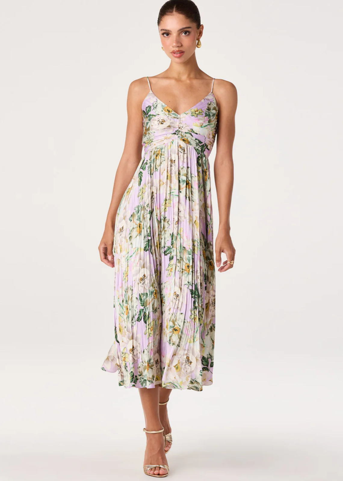 ASTR Maeve Pleated Satin Midi Dress - Lavender Multi