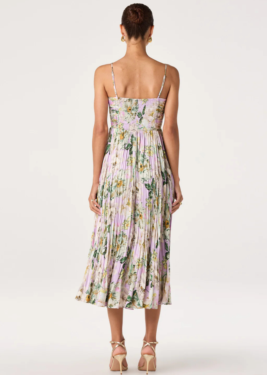 ASTR Maeve Pleated Satin Midi Dress - Lavender Multi
