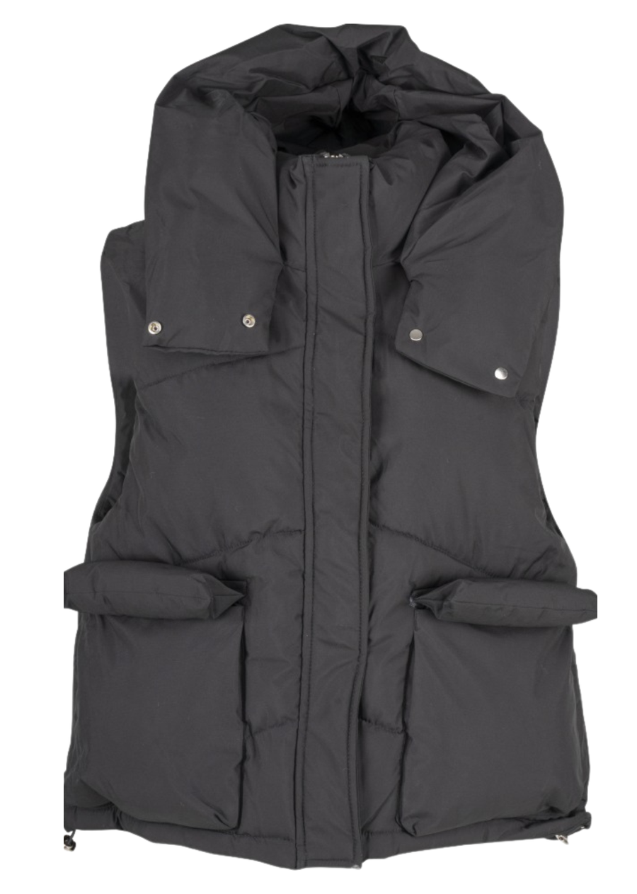 Astrid Sleeveless Jacket.Experience ultimate comfort and style with the Astrid Sleeveless Puffer Jacket! This versatile jacket is perfect for layering, featuring a hood and front utility pockets. Its sleek, sleeveless design allows for easy movement while still providing warmth. Stay fashionable and functional with Astrid.
