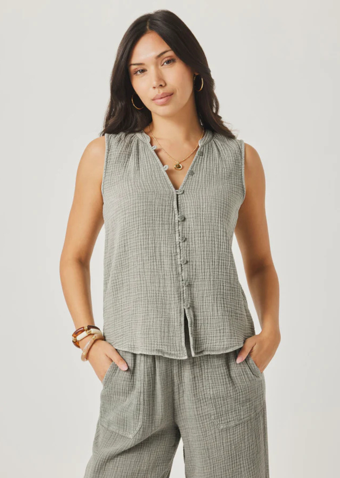 Splendid Ava Gauze Button Tank - Eucalyptus