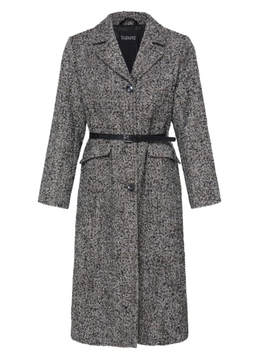 Elevate your cool-weather wardrobe with this timeless long tailored coat, crafted in a sophisticated black-and-white herringbone weave. Designed with a structured silhouette and modern boutique appeal, this versatile piece offers a polished look whether worn open or buttoned up.