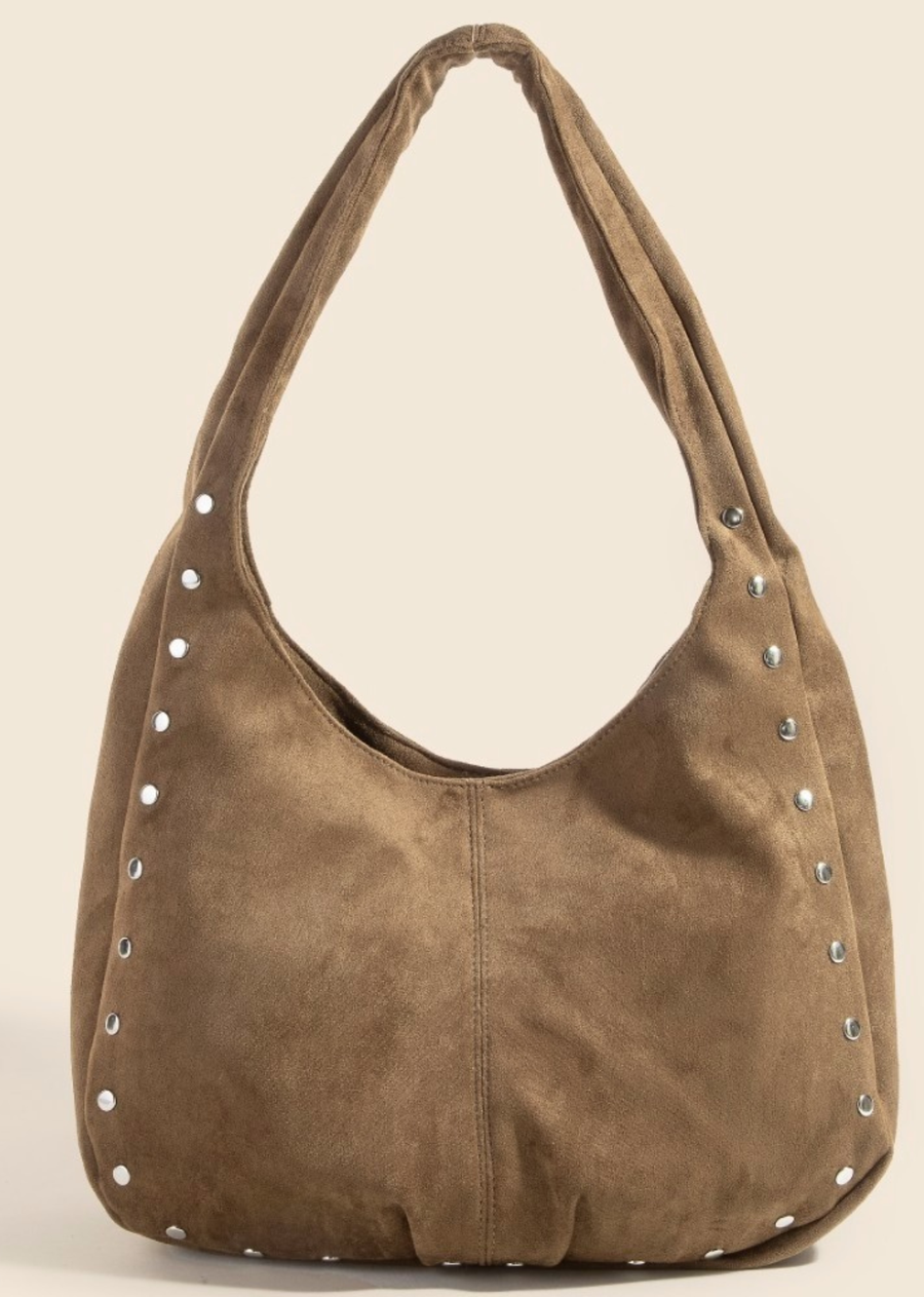 Beth Suede Studded Handbag - Dark Brown