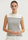 Blake Knit Top.The Blake Top<is a ribbed knit& with striped pattern throughout. Features a crew neckline, sleeveless construction with lightly padded shoulders, and side slits.