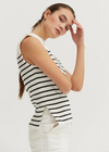 Blake Knit Top.The Blake Top<is a ribbed knit& with striped pattern throughout. Features a crew neckline, sleeveless construction with lightly padded shoulders, and side slits.