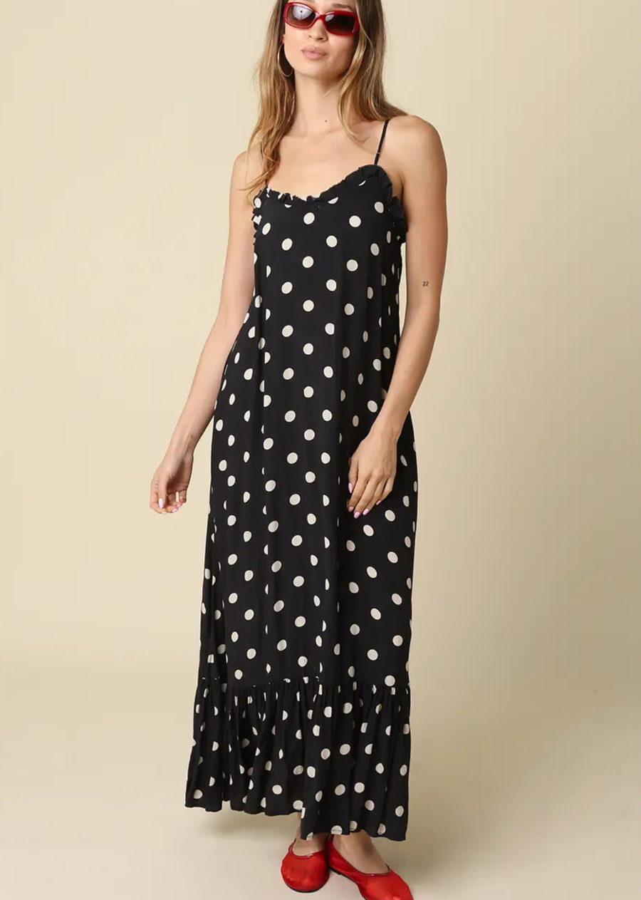 Charis Polka Dot Ruffle Maxi Dress