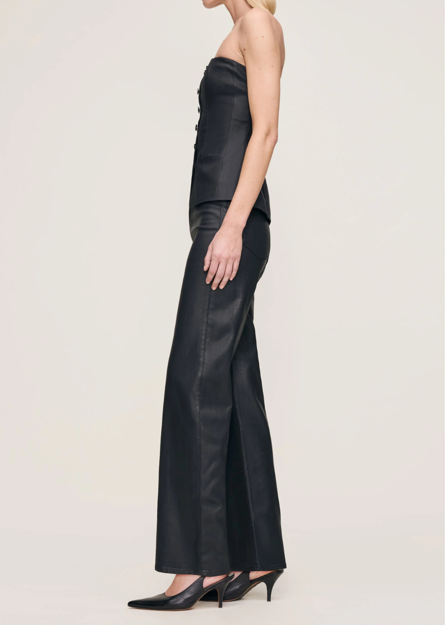 Karmine is a high rise refined wide leg with a 28" inseam. Its straighter leg creates a polished silhouette.

Black Coated is a wax coated, true black denim with a leather-like look. It features black oxide hardware, tonal stitching, a clean hem and a black back patch.
