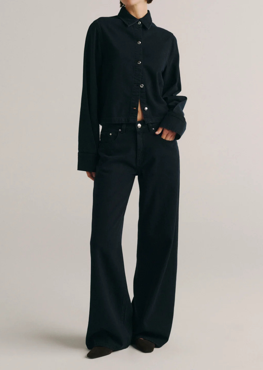Montauk is s a long sleeve, button down shirt with a boxy fit that is subtly cropped.

Nightfall Aura is a dark, polished rinse. It features silver hardware, tonal stitching and a clean hem.