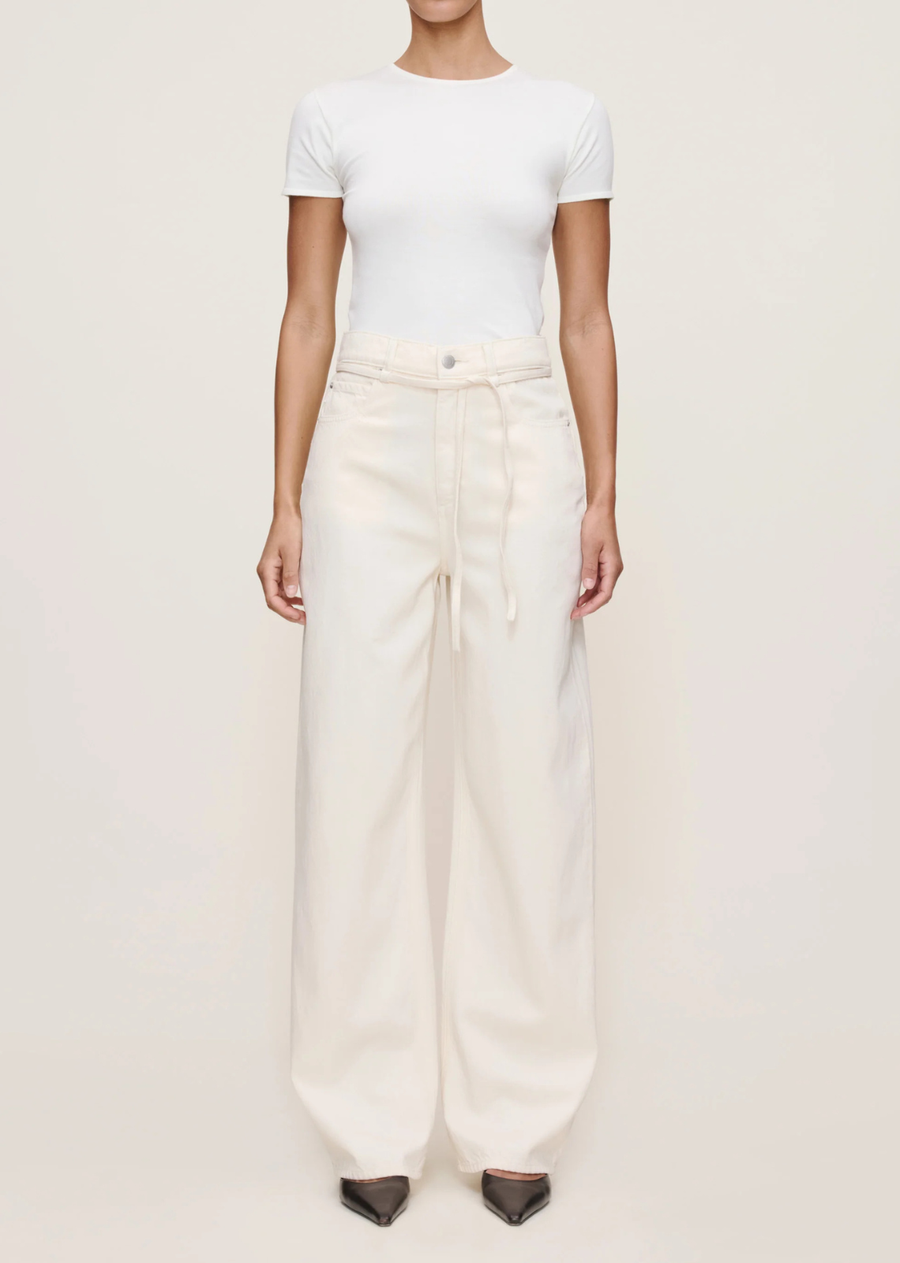 Casie is a relaxed fit, designed with extra room through the hip for a laid-back silhouette.

Crema is a warm, off-white denim. It features silver hardware, tonal stitching, a drawstring waist belt and an ecru back patch.