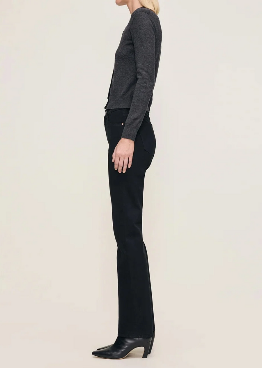 Patti high-rise vintage straight-leg jeans in true black denim, featuring a relaxed fit through the leg, five-pocket construction, silver shank, copper rivets, tonal stitching, a clean hem, and a black back patch. Made with cotton, recycled cotton, and Lycra for a comfortable touch of stretch, with a 31-inch inseam.