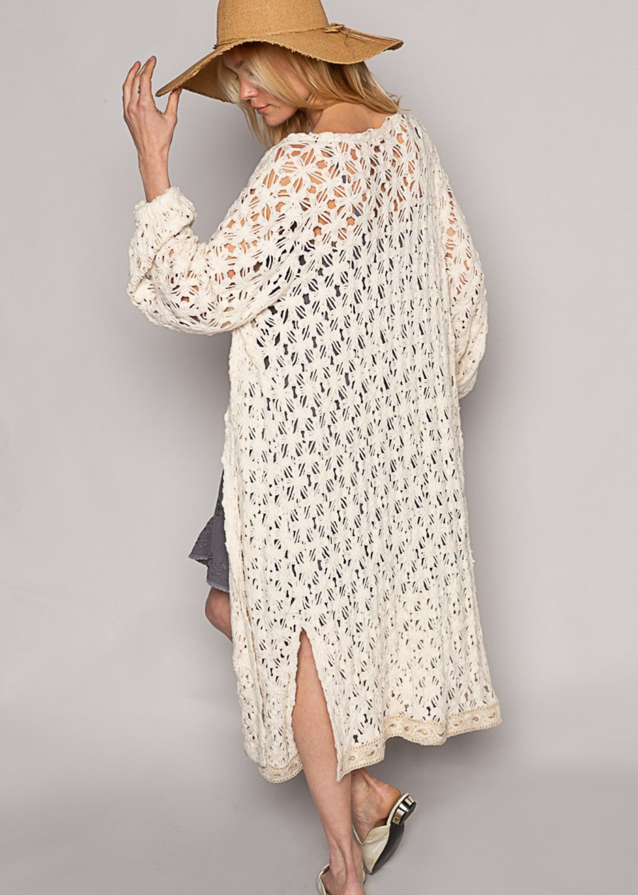 Dahlia Crochet Cardigan.Brand: POL&nbsp; Floral crochet pattern ( so pretty )&nbsp; Elastic cuff on sleeve, slight bubble sleeve look&nbsp; Maxi length&nbsp; Side slits&nbsp; Lace trim&nbsp; Slight ombre colouring 100% cotton&nbsp;