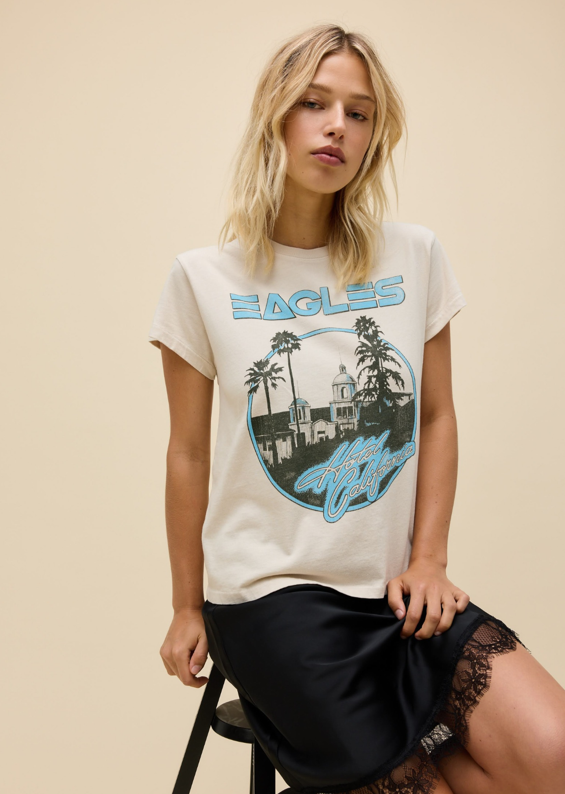 The legendary rock band has officially joined our roster. Record-breaking releases and harmonies hard to hit cemented the Eagles as major icons of the 70s. Celebrate their cultural touchstones in this Tour Tee featuring their top track and award winning, namesake album, Hotel California.