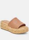 Dolce Vita Chavi Sandal- Honey Leather. CHAVI is PTO ready. This slip-on sandal is designed with an espadrille-inspired, textured platform sole. Pack these in your carry-on and your daytime looks are covered.