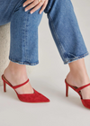 Dolce Vita Kanika Heel- Crimson Suede.Our in-demand heel is back in this season's trending colorways and textures. Designed with recycled materials, KANIKA's thin tapered heel and pointed toe are a chic addition to any occasion look.