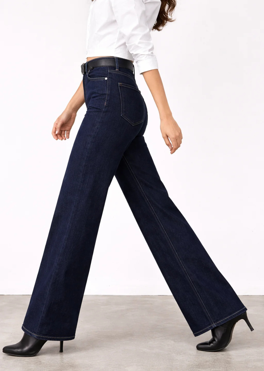 Kelli is a high-rise wide leg with a full leg and a dramatic 22" leg opening.