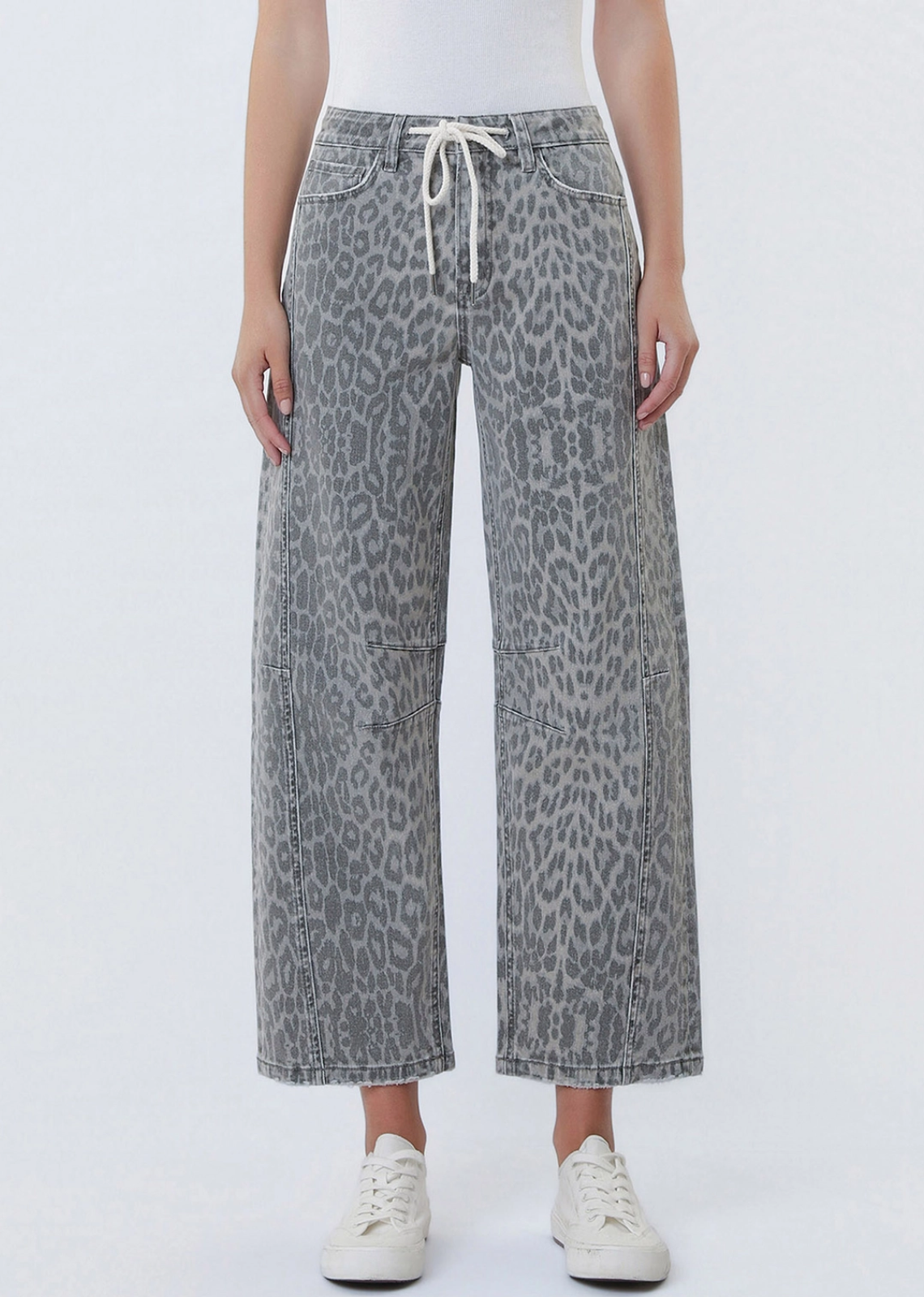 Elastic tie cropped printed barrel jeans&nbsp;