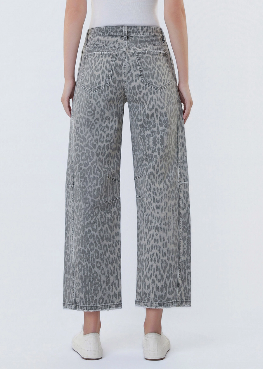 Elastic tie cropped printed barrel jeans&nbsp;