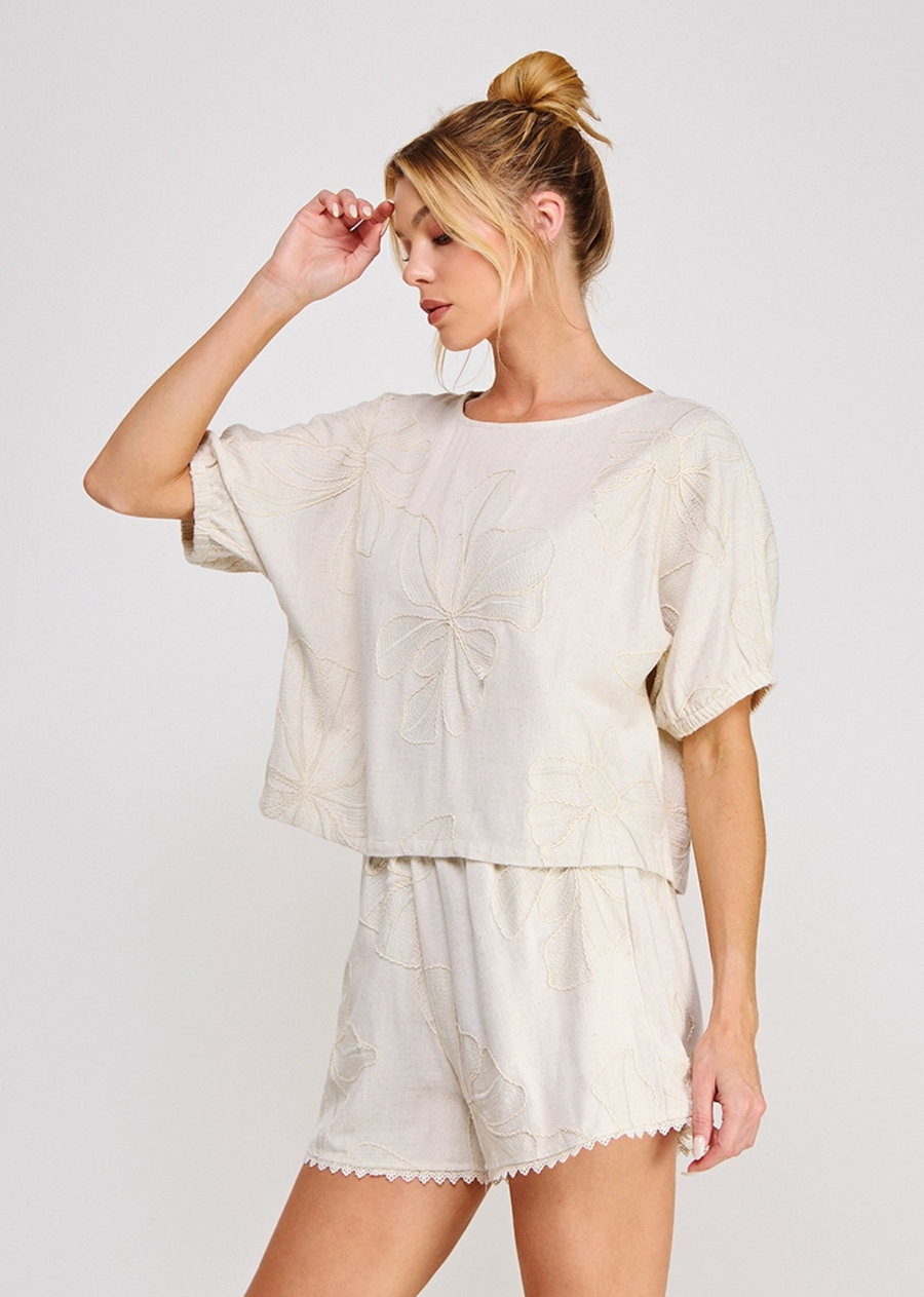 Galent Linen Floral Top - Natural