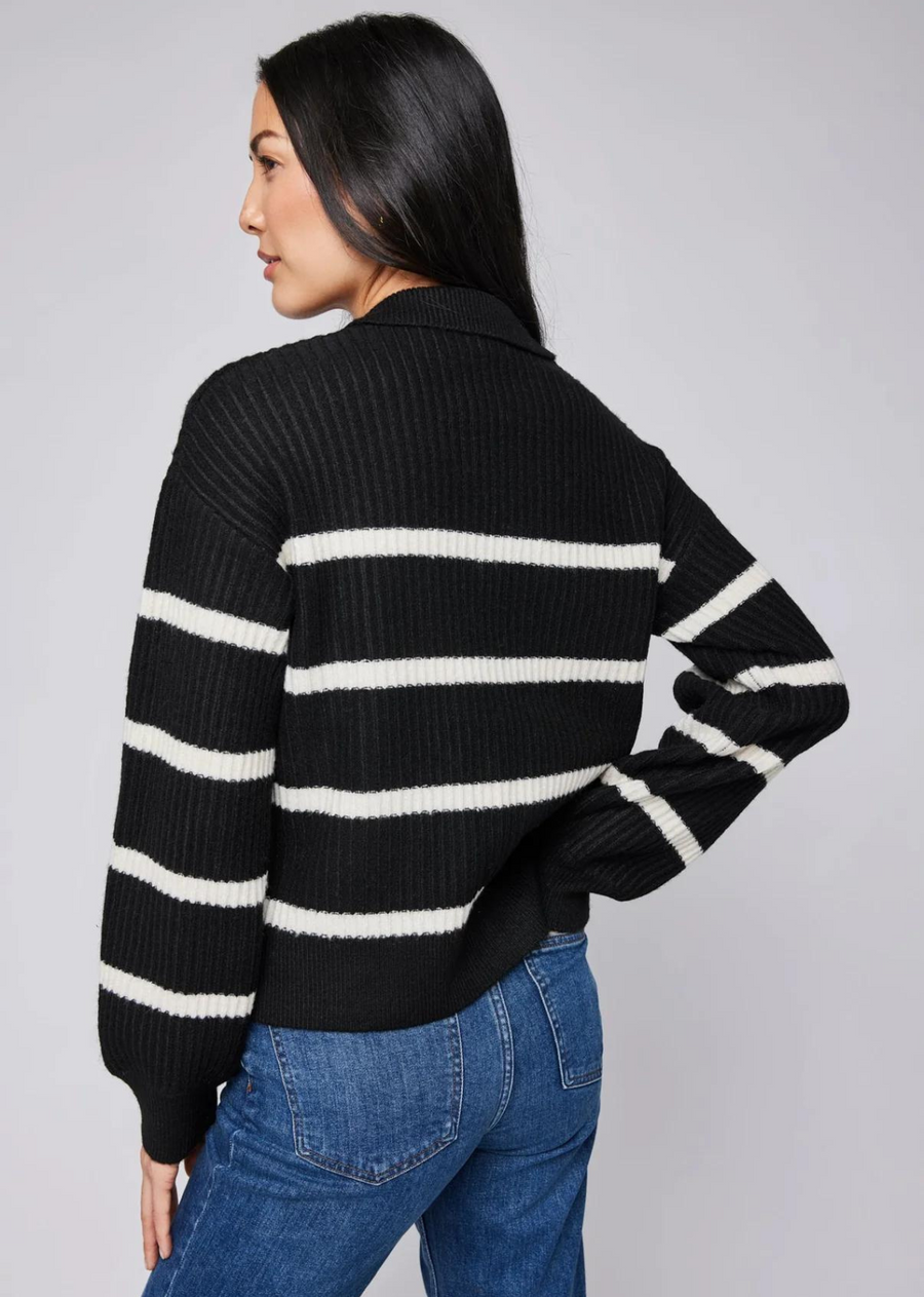 Gentle Fawn Beckett V-Neck Sweater. The Beckett sweater is made of a soft yarn in a ribbed knit pattern. Features include a two-tone stripe and collar for a casual yet elevated look.