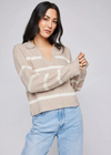 Gentle Fawn Beckett V-Neck Sweater. The Beckett sweater is made of a soft yarn in a ribbed knit pattern. Features include a two-tone stripe and collar for a casual yet elevated look.