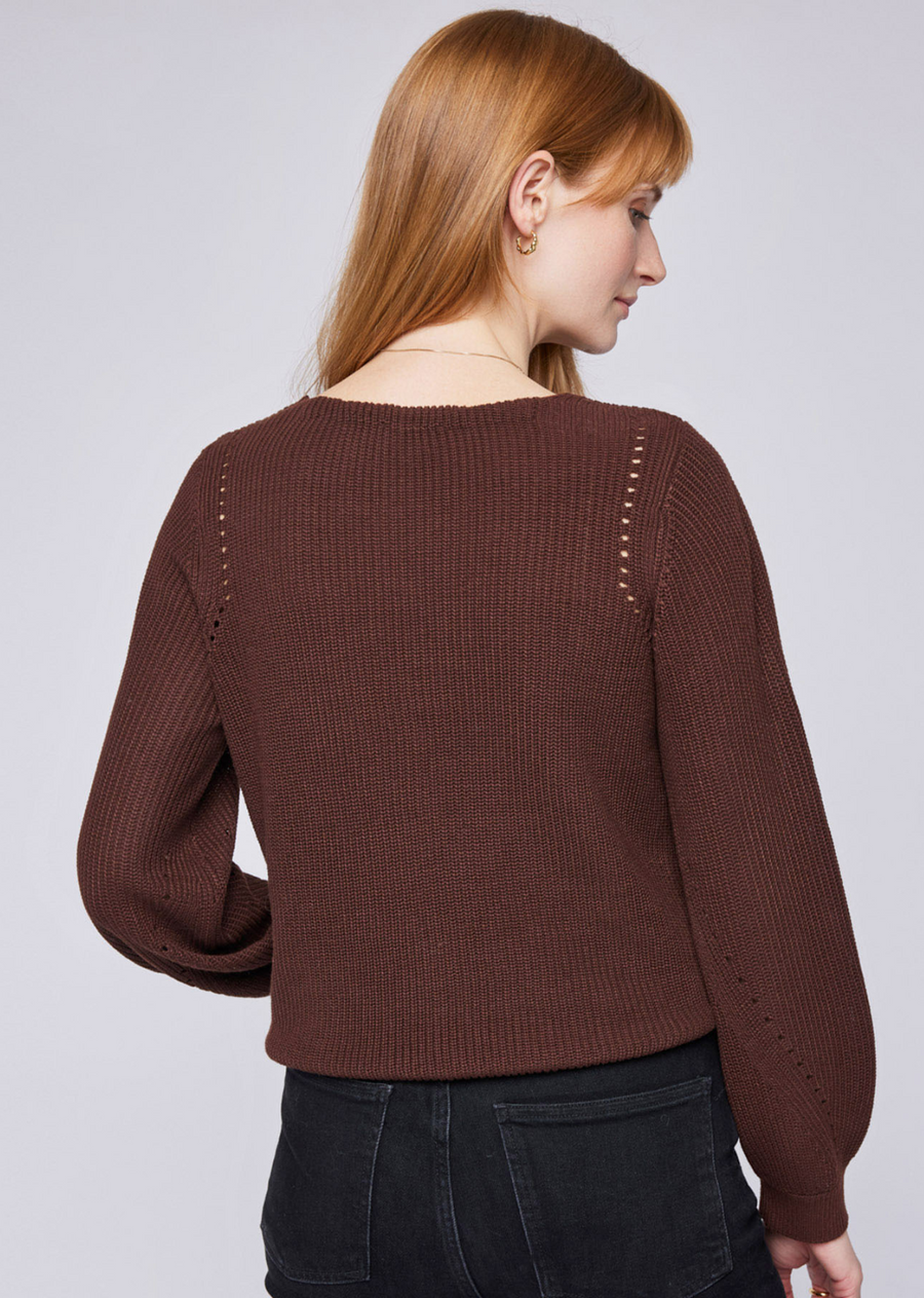 Gentle Fawn Hailey Sweater- Espresso. Made of Gentle Fawn’s favourite heathered yarn, the Hailey sweater is effortlessly cool. The sweater features a flattering v-neckline, balloon sleeves, and pointelle stitch detailing that gives the Hailey so much charm.