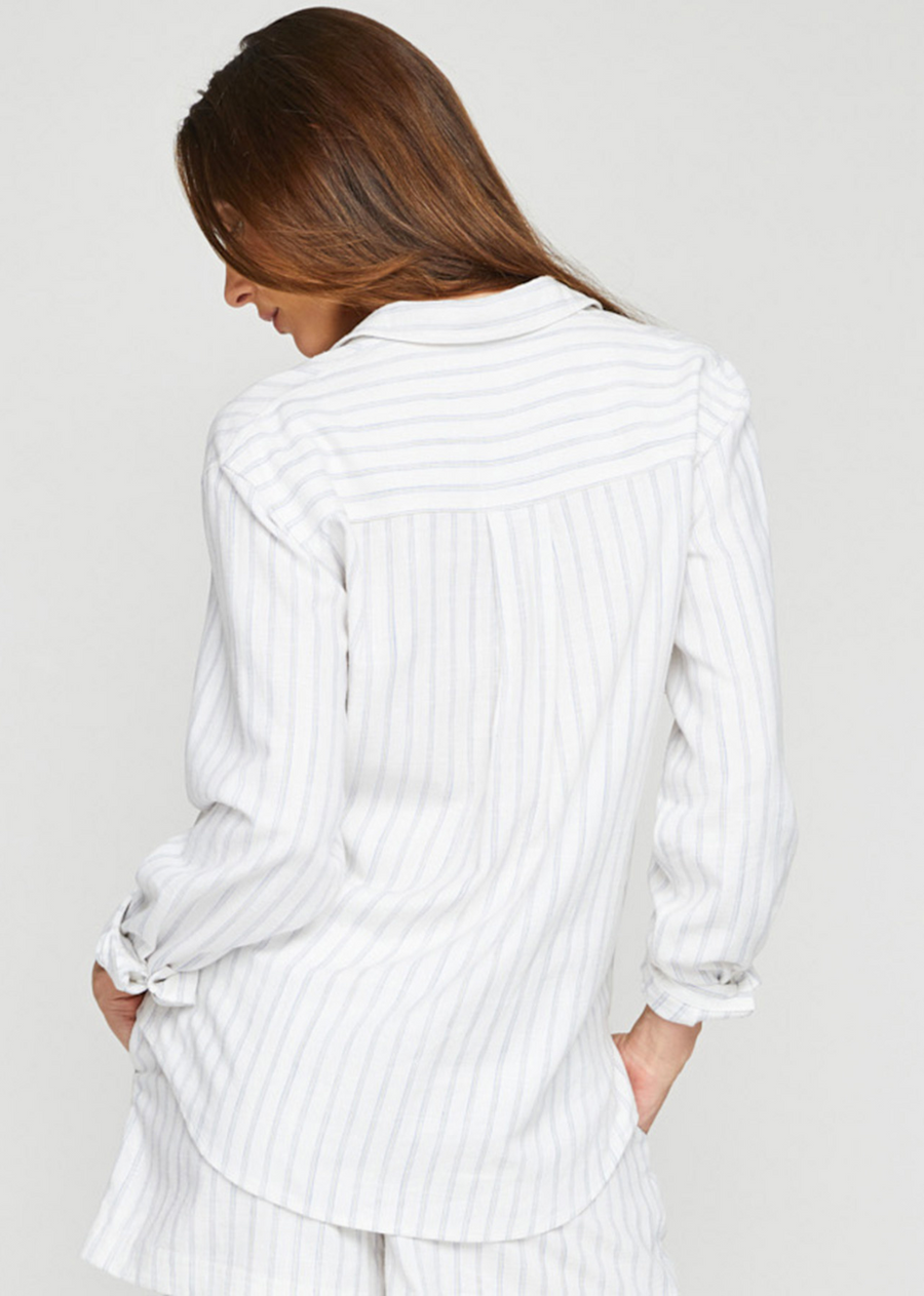 Gentle Fawn Portia Button Down-White Stripe. Easy like a Sunday morning the Portia top is sure to be your new go-to in your closet. Made of a beautiful Rayon/Linen blend this timeless button up has just the right handfeel and weight to make it your year-round bff.