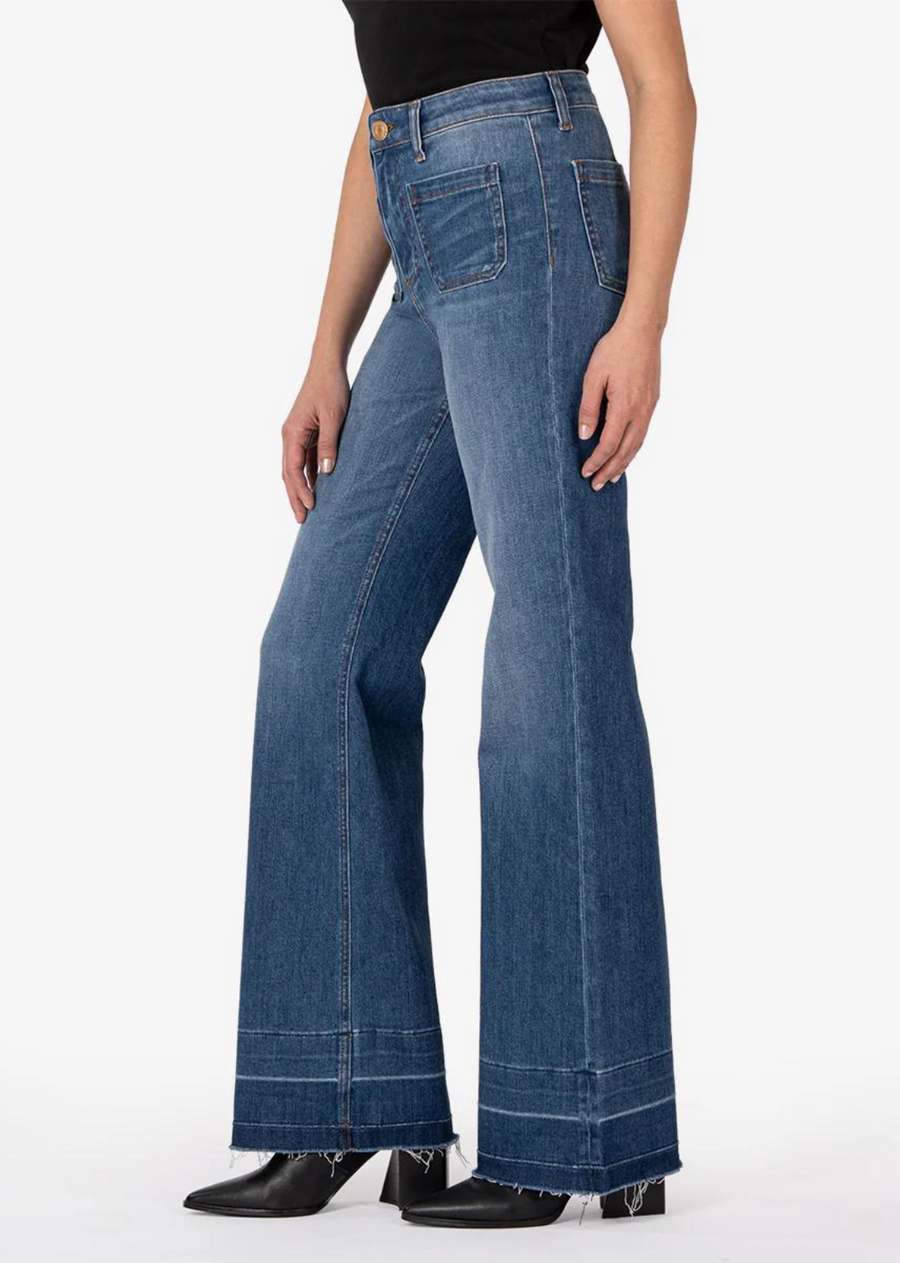 Kut From The Kloth Goldie High Rise Super Flare. Patch pockets amp up the vintage vibes of these full-length flared jeans made from soft, faded stretch denim with raw hems.&nbsp;