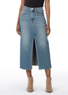 Kut From The Kloth Jen Distressed Five-Pocket  A-Line Denim Skirt. Light distressing and sanding give a lived-in look to this tried-and-true denim skirt that has a chic front slit.