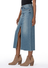 Kut From The Kloth Jen Distressed Five-Pocket  A-Line Denim Skirt. Light distressing and sanding give a lived-in look to this tried-and-true denim skirt that has a chic front slit.