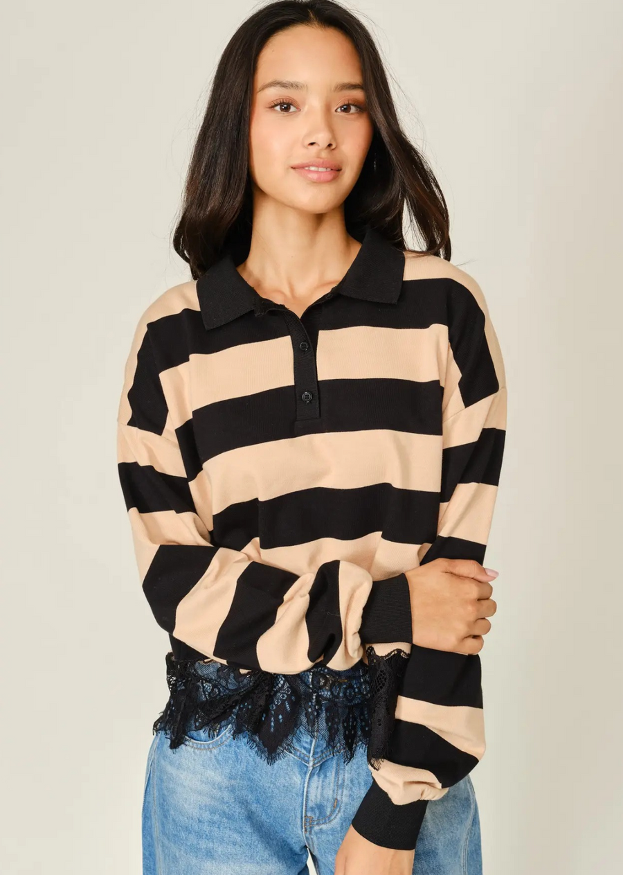 Striped stretch cotton fabric for comfort
Collared neckline with button detail
Lace trim hem for feminine accent
Relaxed fit easy everyday silhouette
Soft breathable knit construction
Polo style casual chic design
Comfortable stretch for flexible wear
Short sleeves for daily styling
Versatile wardrobe essential piece
Perfect for casual seasonal outfits