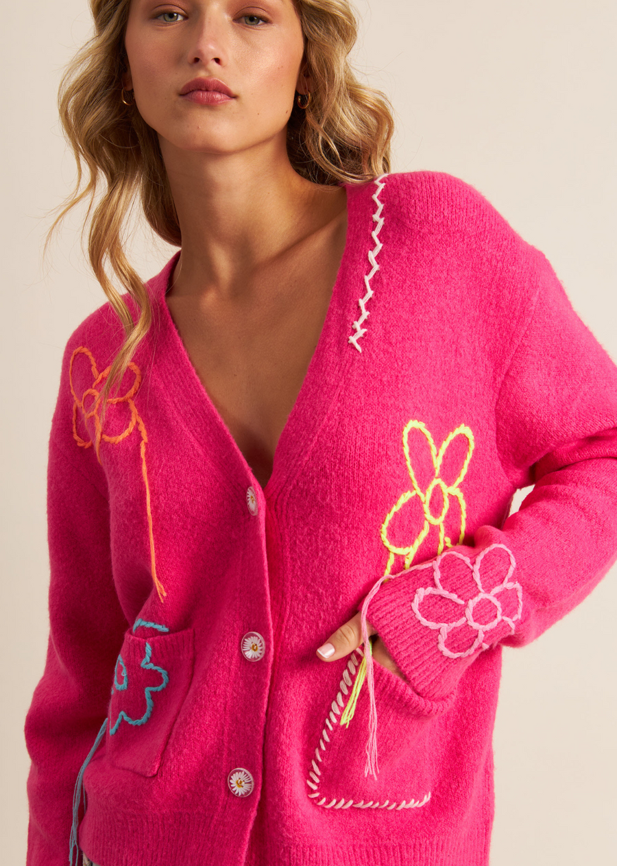 John & Jenn Aries Cardigan. The Aries Cardigan in spring garden pink with white artistic Embroidery&nbsp; by John + Jenn will make you smile each and every time you wear it!