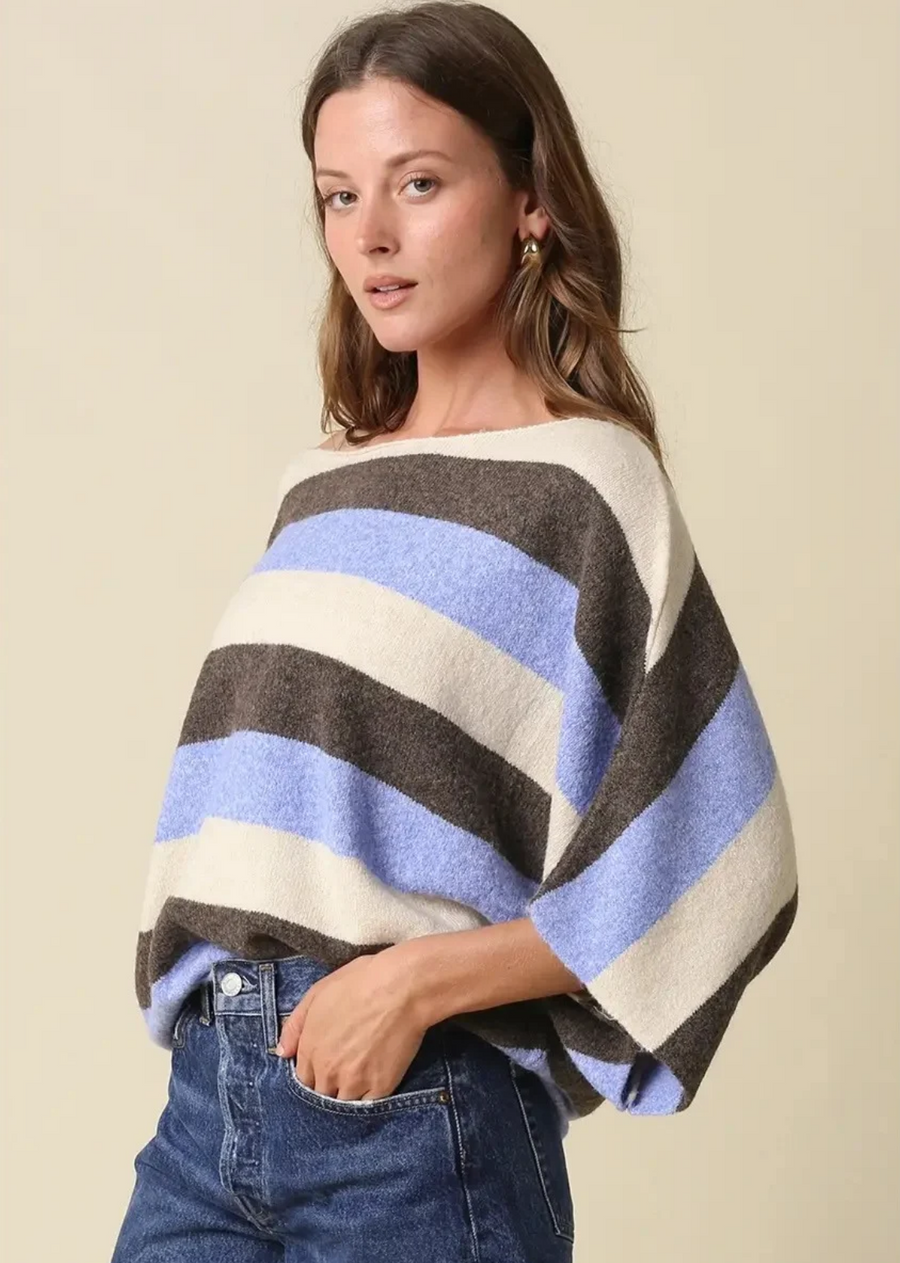 Our Katie Stripe Dolman Knit Top features a bold stripe pattern and relaxed dolman silhouette for an effortlessly laid-back look.

Designed with a boat neckline and lightweight knit construction, it's perfect for everyday styling, weekend outings, and vacation wear.