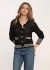 Heartloom Keenan Cardi. The Keenan Cardi is a varsity-inspired knit. It features an open pointelle stitch, striped rib detail, and novelty buttons. Wear it alone or over your favorite white tee.