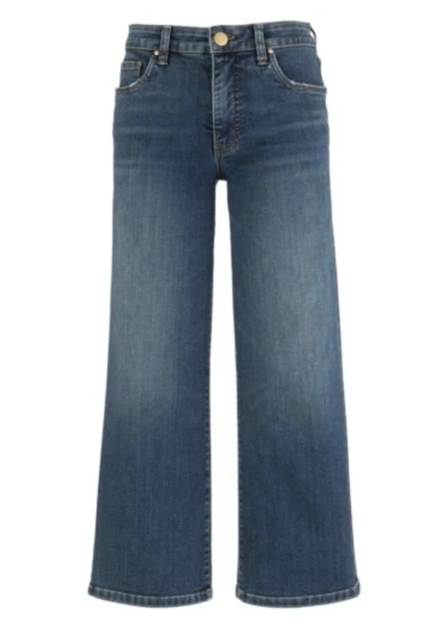 High-rise medium-wash wide-leg jeans with a clean finished hem and stretchy denim for a comfortable, flattering fit.
