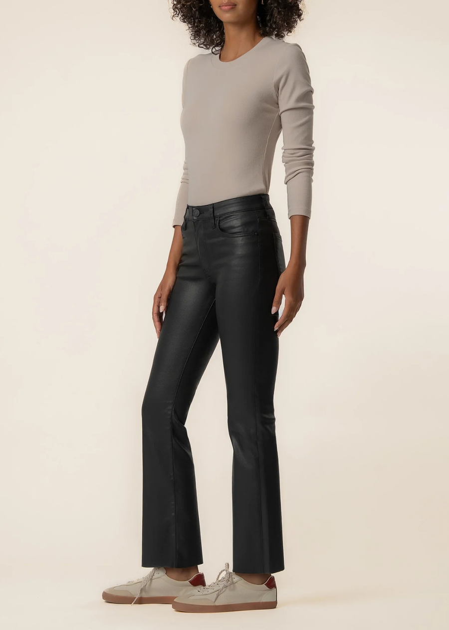 These high-rise ankle flare pants feature a sleek matte coating for a modern, streamlined silhouette with a subtle statement finish.