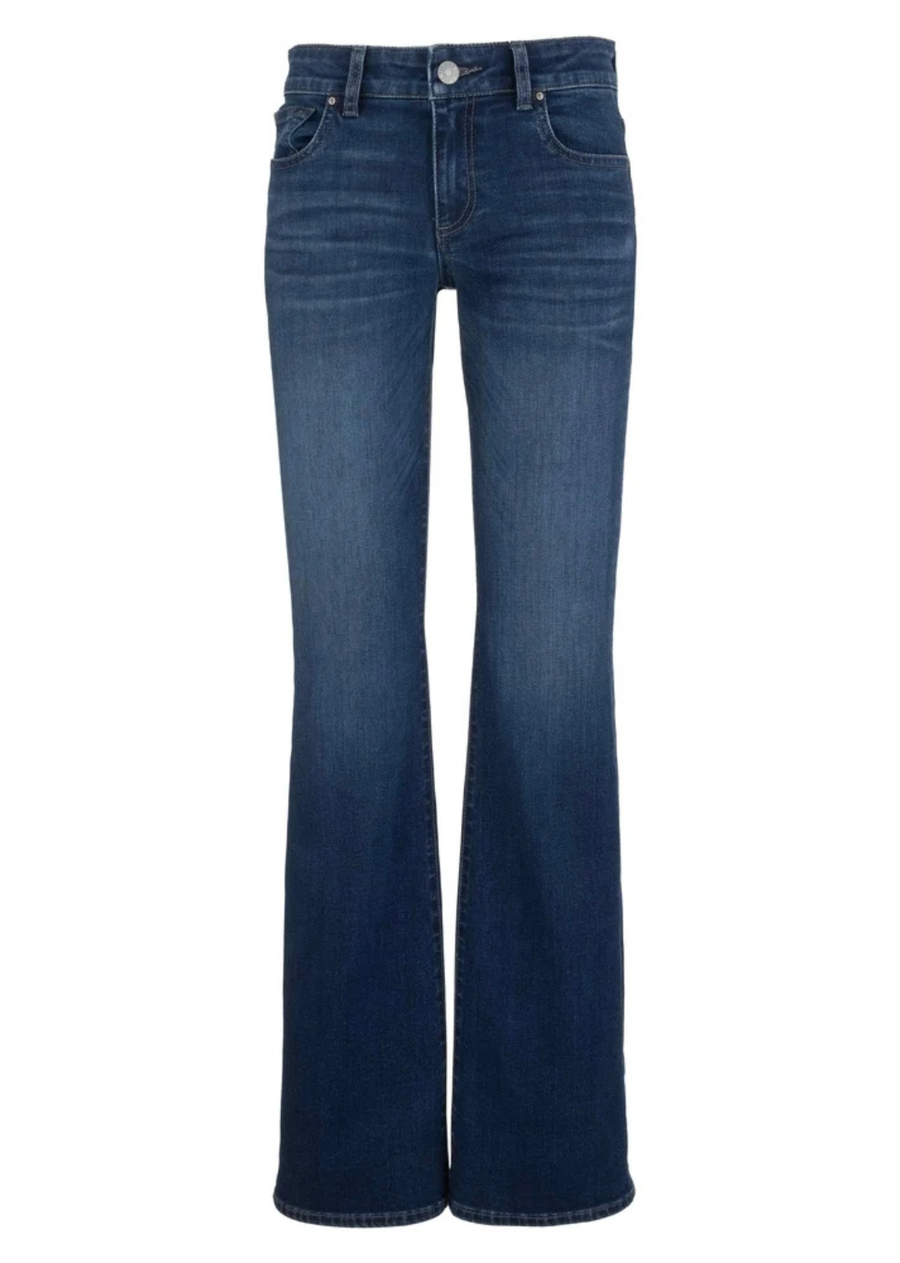 Blue-wash bootcut jeans with a five-pocket design, flattering Fab AB front pockets, medium stretch, and a subtle flared hem.