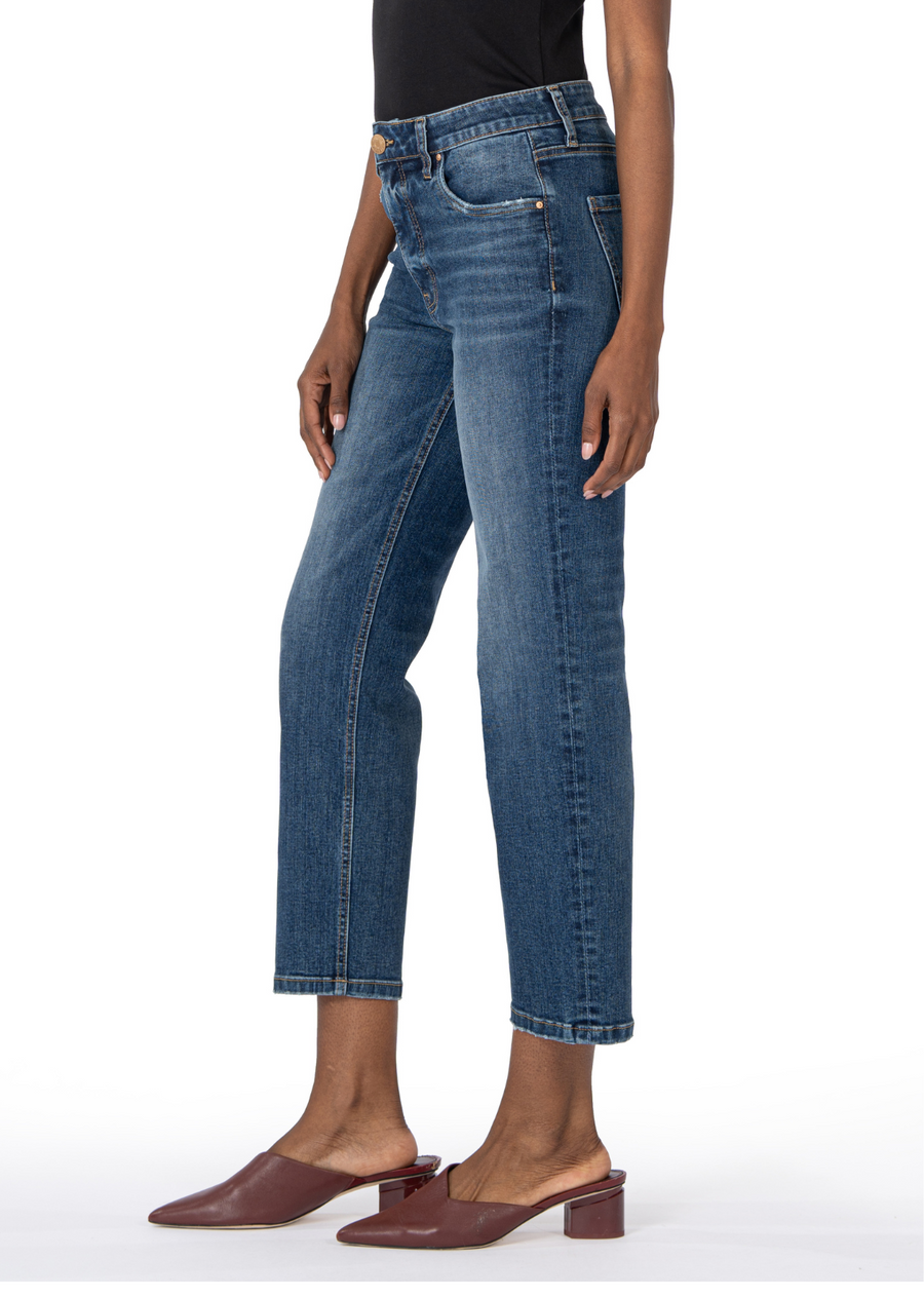 Kut From The Kloth Elizabeth  HR Straight Jean.Faded and lightly distressed for a vintage vibe, these low-stretch, slim-cut jeans flatter with a medium wash and Fab Ab front pockets that comfortably shape and smooth.