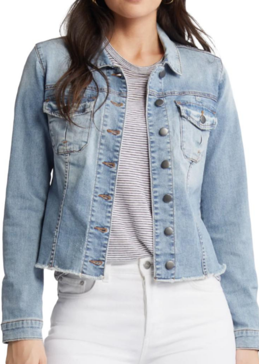 Kut From The Kloth Kara Jacket- Dearly. An essential denim jacket goes for a remix with a fitted silhouette, bellows pockets and a frayed, slightly cropped hemline.