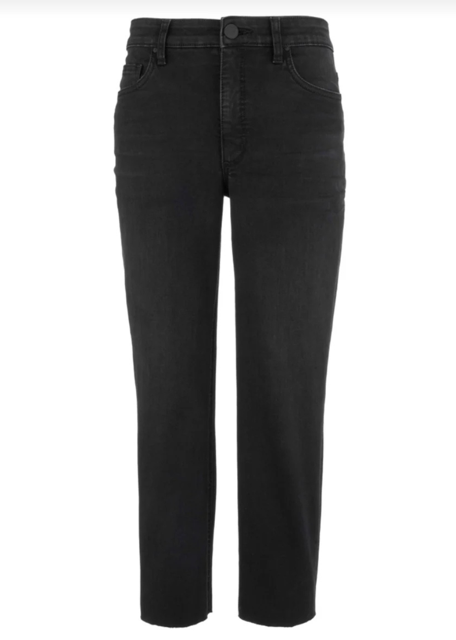 High-rise medium-wash mom jeans with a relaxed fit, Fab Ab pockets, and stretchy denim.